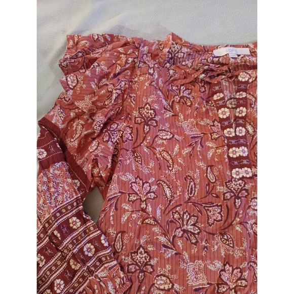 Loft Womens Peasant Blouse  Size Large Bohemian floral tie collar Rust - Picture 3 of 8